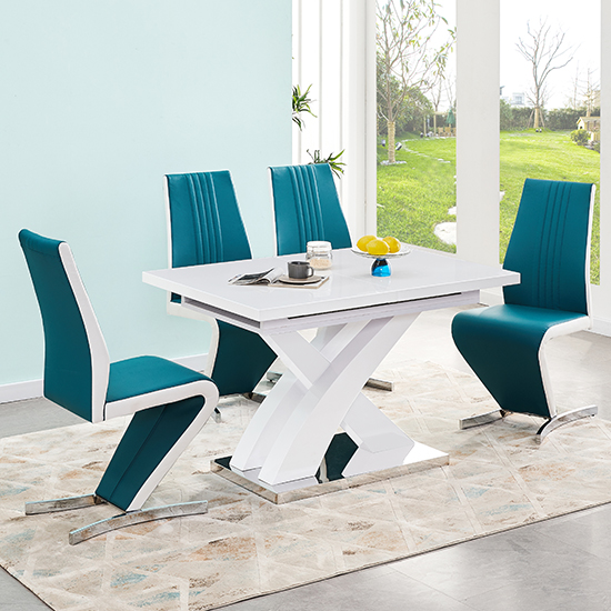 Axara Small Extending White Dining Table 4 Gia Teal White Chairs