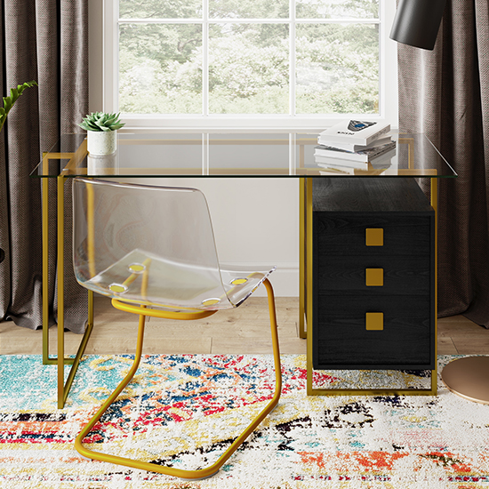 Aundreya Smoked Glass Top Computer Desk With Gold Frame