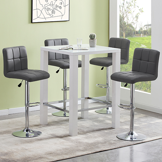 Jam Square Glass White Gloss Bar Table 4 Coco Grey Stools