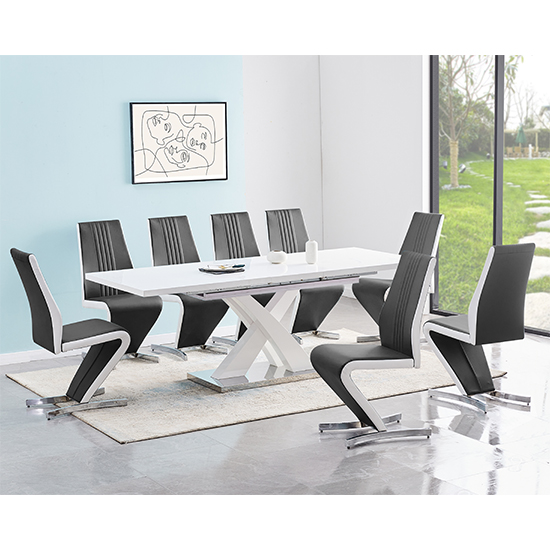 Axara Large Extending White Dining Table 8 Gia Black Chairs