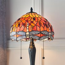 Dragonfly Flame Small Tiffany Glass Table Lamp In Dark Bronze