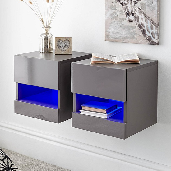 Garve LED Grey High Gloss Floating Bedside Cabinets In Pair