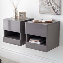 Garve LED Grey High Gloss Floating Bedside Cabinets In Pair