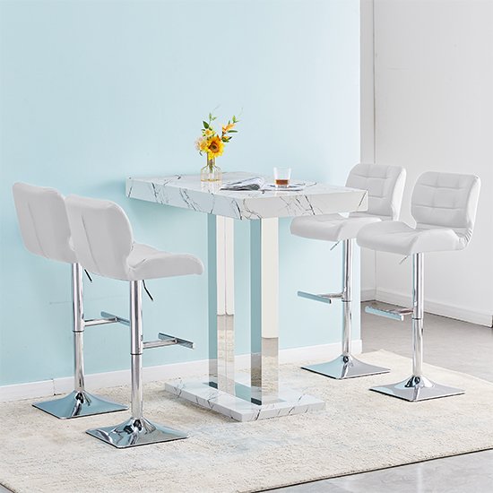 Caprice Vida Marble Effect Gloss Bar Table 4 Candid White Stools