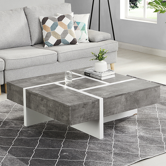 Nova Square Storage Coffee Table In Concrete Effect And White