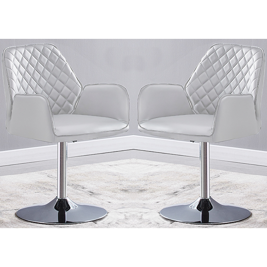 Bucketeer Swivel White Faux Leather Dining Chairs In Pair