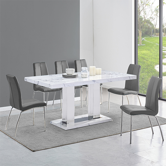 Candice Diva Marble Effect Dining Table 6 Opal Grey Chairs