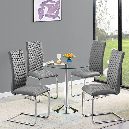 Dante Clear Glass Dining Table With 4 Ronn Grey Chairs