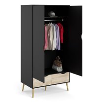 Oklo Wooden Wardrobe With 2 Doors 2 Drawers In Black And Oak