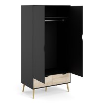 Oklo Wooden Wardrobe With 2 Doors 2 Drawers In Black And Oak