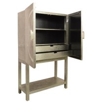 Canvey Wooden Bar Cabinet With 2 Embossed Metal Doors In Silver