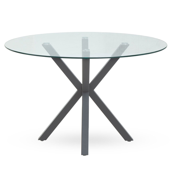 Sawford Round Clear Glass Dining Table With Grey Metal Legs