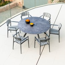 Rykon Outdoor Round Glass Dining Table In Grey Ceramic Effect