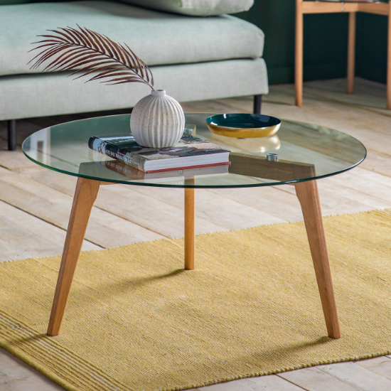 Brix Round Clear Glass Coffee Table With Natural Oak Base