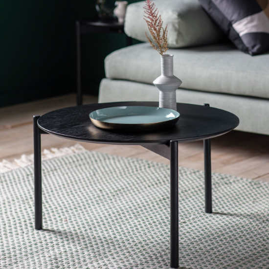 Burlap Round Wooden Coffee Table In Black