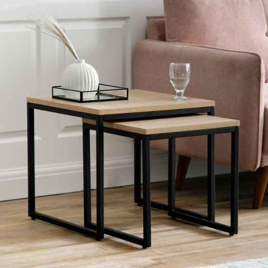 Hickory Wooden Nesting Side Tables With Black Frame In Natural