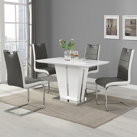 Memphis Small White Gloss Dining Table 4 Petra Grey White Chairs