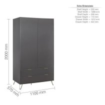 Aral Wooden Wardrobe With 2 Doors And 2 Drawers In Charcoal