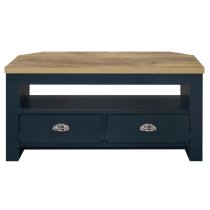 Highland Wooden Corner TV Stand In Navy Blue And Oak