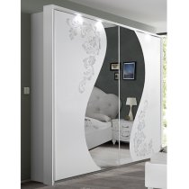 Naihati Mirrored Wooden Sliding Wardrobe In White With LED