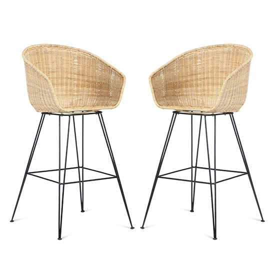 Puqi Natural Rattan High Back Bar Stools In Pair