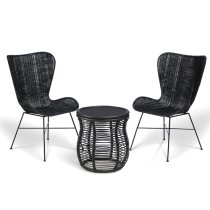 Rybnik Rattan Bistro Set In Black With 2 Puqi Black Wing Chairs