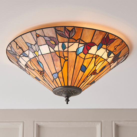 Bauchi Medium Tiffany Glass Flush Ceiling Light In Dark Bronze