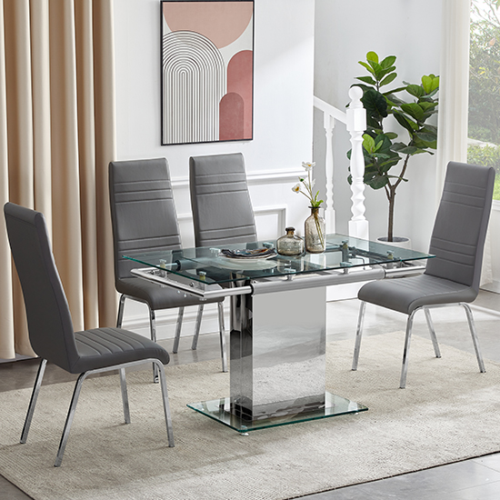 Enke Extending Glass Dining Table With 4 Dora Grey Chairs