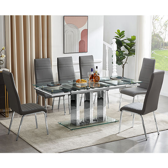 Rihanna Extending Clear Glass Dining Table 6 Dora Grey Chairs