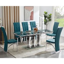 Rihanna Extending Clear Glass Dining Table 6 Ravenna Teal Chairs