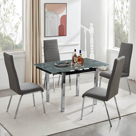 Paris Extending Grey Glass Dining Table 4 Dora Grey Chairs