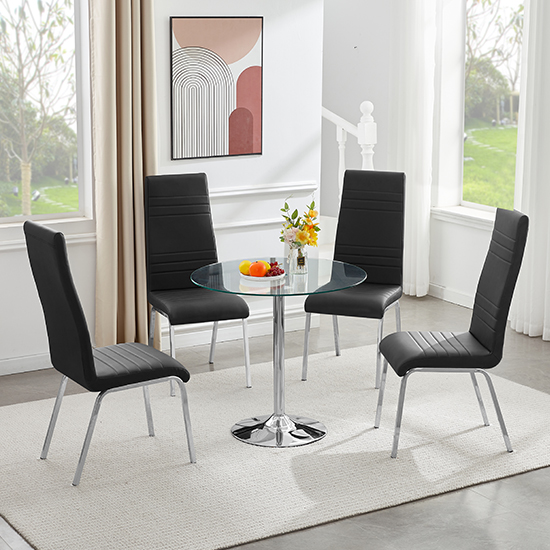 Dante Clear Glass Dining Table With 4 Dora Black Chairs