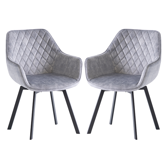 Viha Swivel Silver Velvet Dining Chairs In Pair