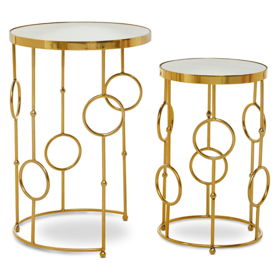 Mekbuda Round White Glass Top Nest Of 2 Tables With Gold Frame