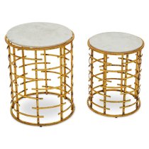 Mekbuda Round White Marble Top Nest Of 2 Tables With Gold Frame