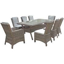 Abobo 200cm Glass Dining Table With 8 Dining Chairs In Grey