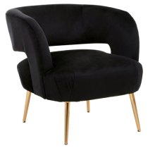 Larrisa Velvet Lounge Chair With Gold Metal Legs In Black