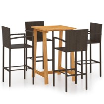 Kairi Outdoor Wooden Bar Table With 4 Brown Poly Rattan Stools