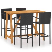 Kael Outdoor Wooden Bar Table With 4 Black Poly Rattan Stools