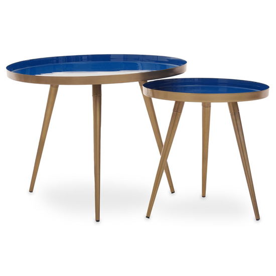 Amiga Blue Enamel Top Nest Of 2 Tables With Gold Legs