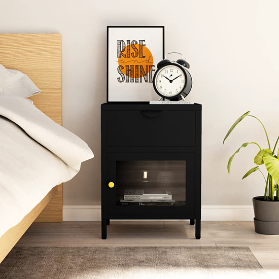 Utara Steel Bedside Cabinet With 1 Door 1 Drawer In Black