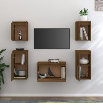 Akiva Wall Hung Solid Pinewood Entertainment Unit In Honey Brown