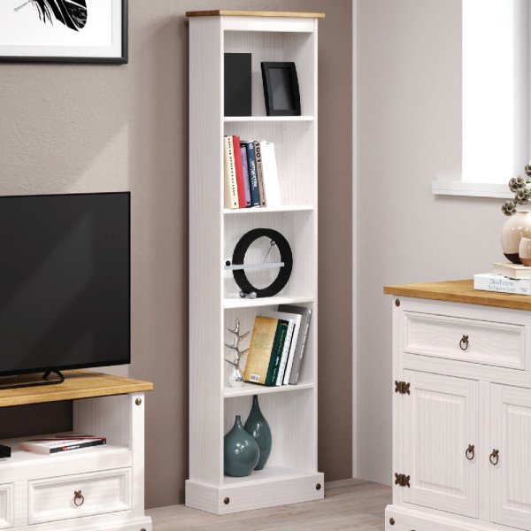 Consett Wooden Narrow Bookcase With 5 Shelves In White And Oak