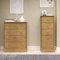 Calixto Wooden Narrow Chest Of 5 Drawers In Oak