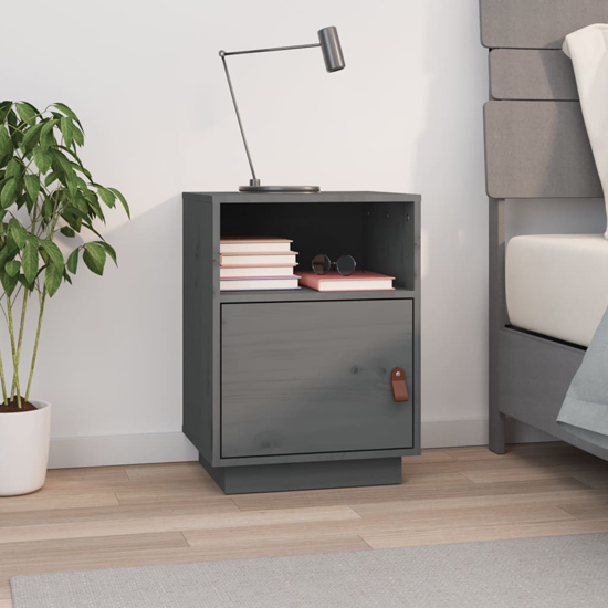 Fruma Pine Wood Bedside Cabinet With 1 Door In Grey