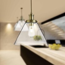 Pyramid 1 Light Glass Shade Pendant Light In Antique Brass