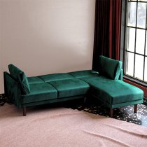 Claire Velvet Sectional Sofa Bed With Dark Wooden Legs In Green