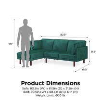 Claire Velvet Sectional Sofa Bed With Dark Wooden Legs In Green