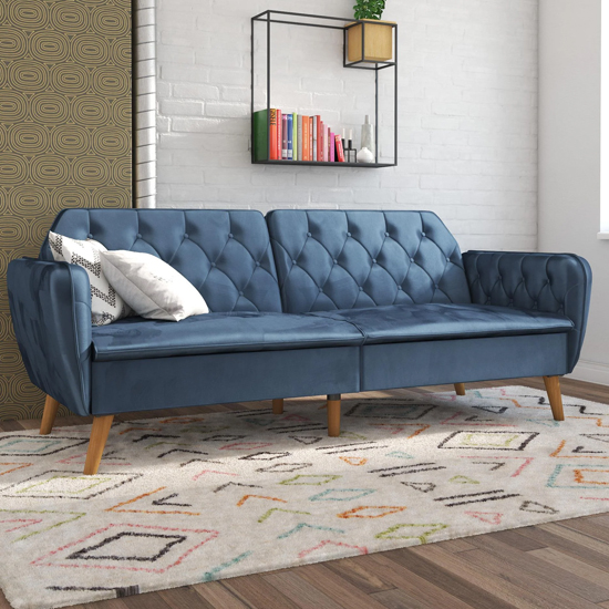 Taluka Velvet Sofa Bed With Wooden Legs In Blue