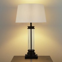 Pedestal Cream Fabric Shade Table Lamp In Black